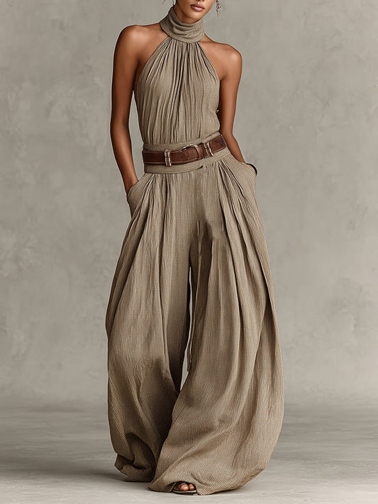 Caterina | Taupe wide leg jumpsuit with boho-style American neckline