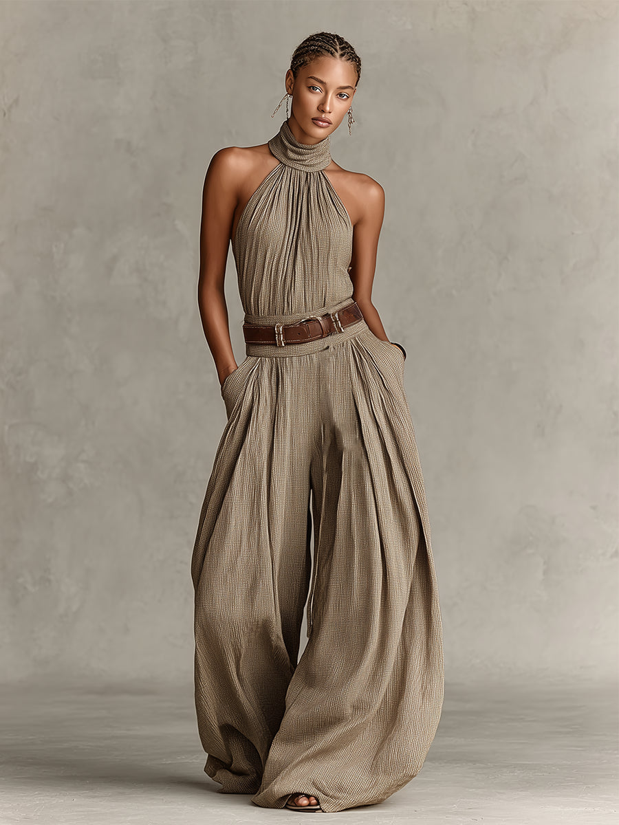 Caterina | Taupe wide leg jumpsuit with boho-style American neckline