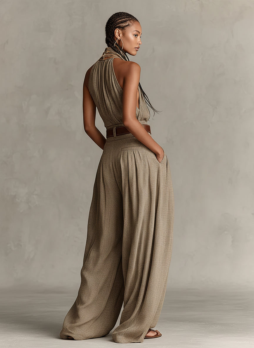 Caterina | Taupe wide leg jumpsuit with boho-style American neckline