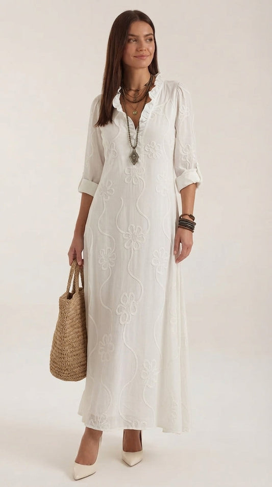Women's Embroidered Maxi Shirt Dress with V-Neck – Relaxed Fit, Cotton-Linen Blend, Casual Style