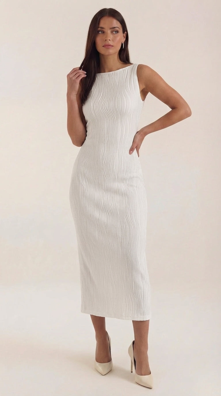 Women's Black Cami Dress | Ripple Textured, Fitted Midi
