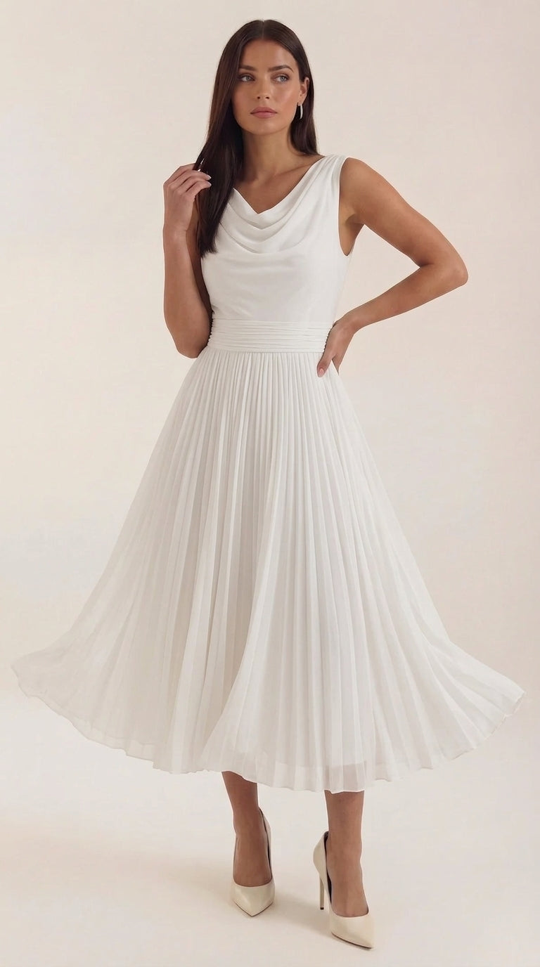 Women's Pleated Midi Dress, Boat Neck Sleeveless