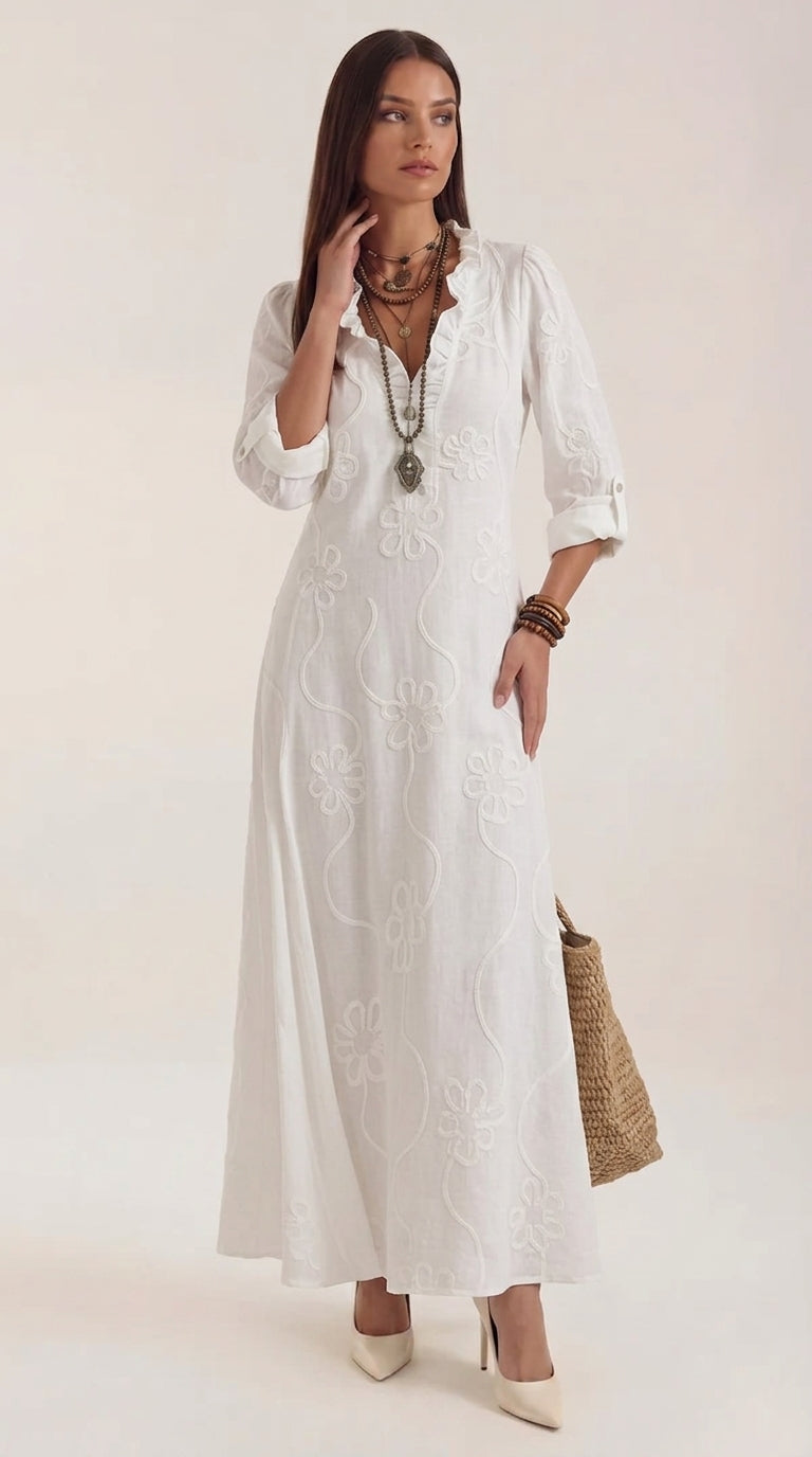 Women's Embroidered Maxi Shirt Dress with V-Neck – Relaxed Fit, Cotton-Linen Blend, Casual Style