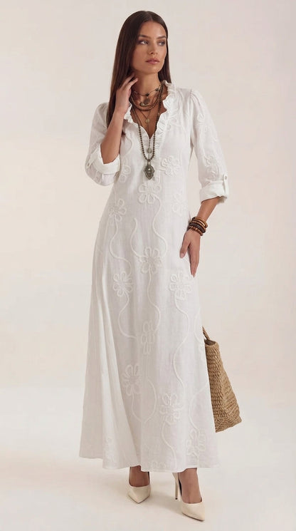 Women's Embroidered Maxi Shirt Dress with V-Neck – Relaxed Fit, Cotton-Linen Blend, Casual Style