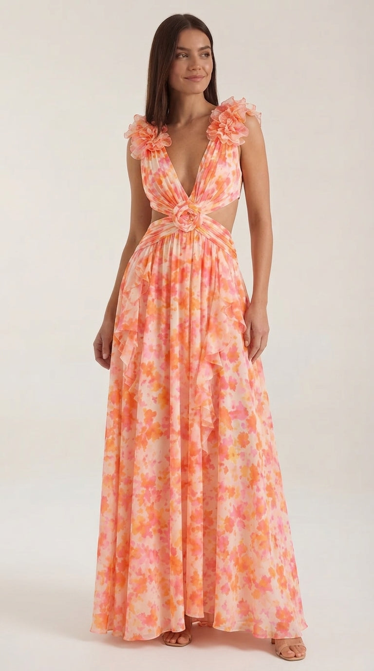 Women's Floral Maxi Dress with V-Neck and Ruffled Shoulders, Wedding Guest Dress