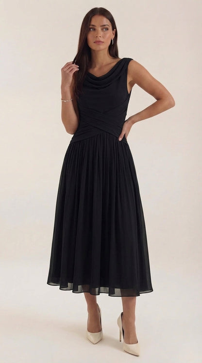 Women's Pleated Midi Dress, Boat Neck Sleeveless
