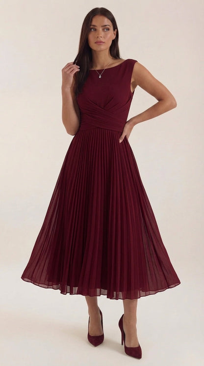 Women's Pleated Midi Dress, Boat Neck Sleeveless