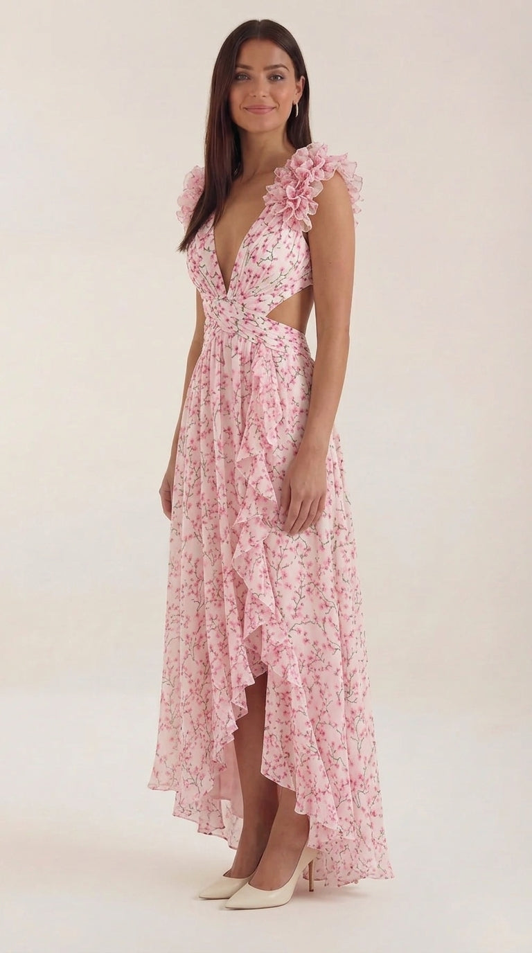 Women's Floral Maxi Dress with V-Neck and Ruffled Shoulders, Wedding Guest Dress