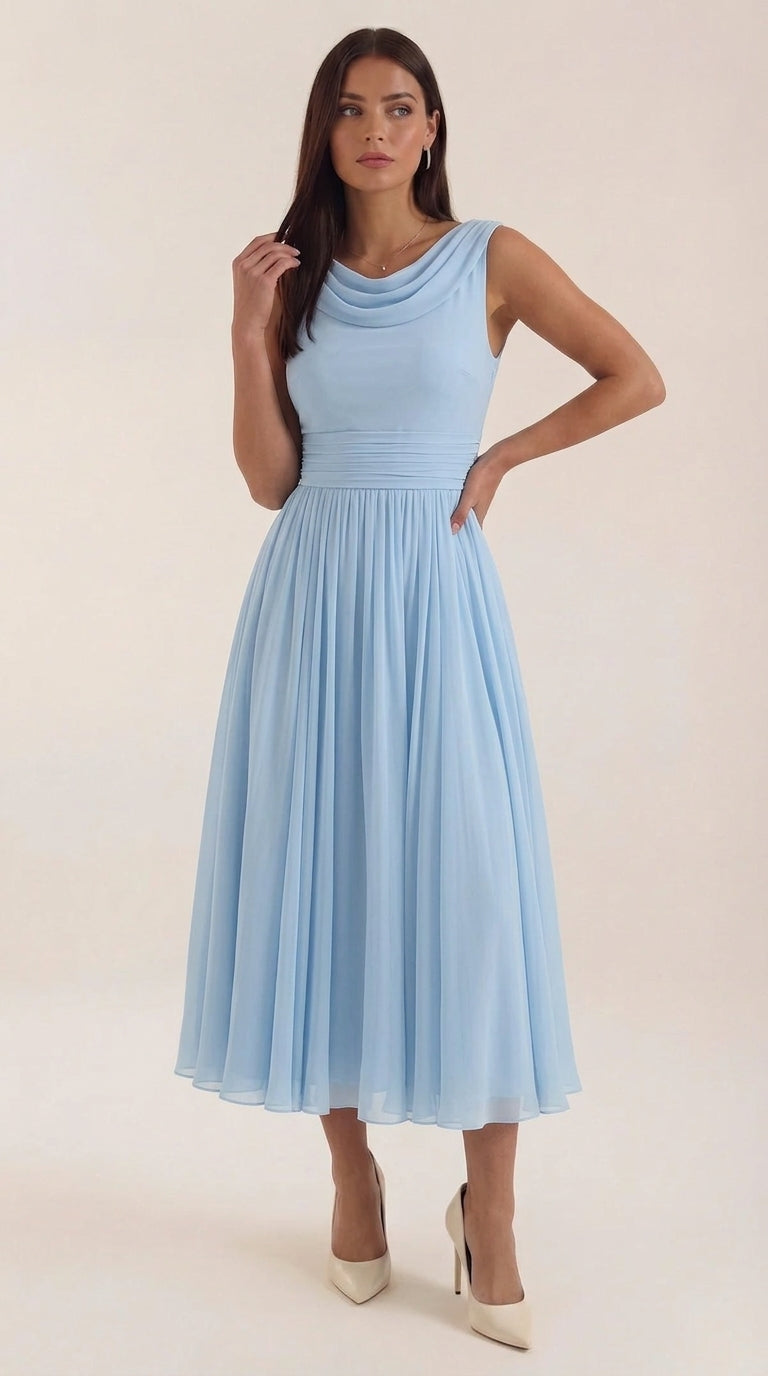 Women's Pleated Midi Dress, Boat Neck Sleeveless