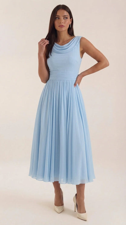 Women's Pleated Midi Dress, Boat Neck Sleeveless