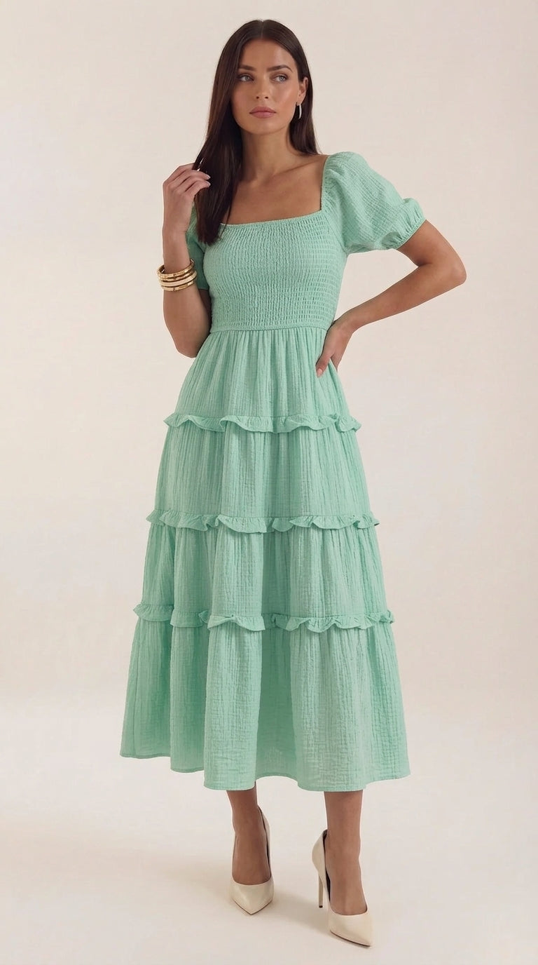 Adeline Women's Square Neck Puff Sleeve Midi Dress