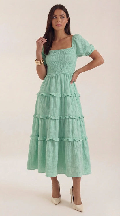 Adeline Women's Square Neck Puff Sleeve Midi Dress