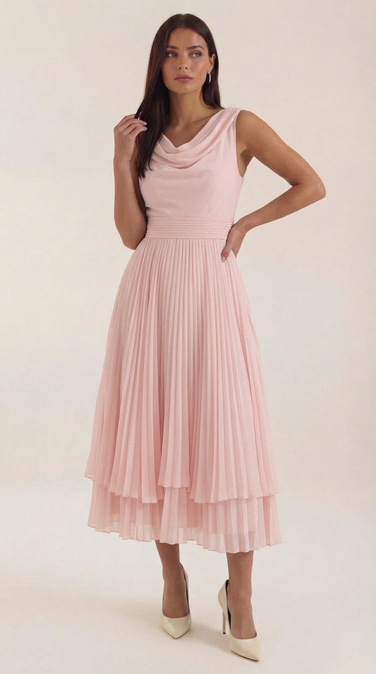Women's Pleated Midi Dress, Boat Neck Sleeveless