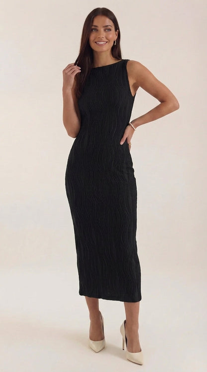 Women's Black Cami Dress | Ripple Textured, Fitted Midi