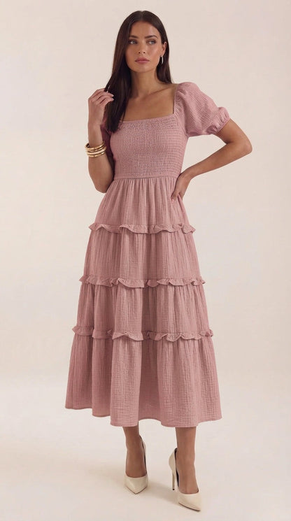 Adeline Women's Square Neck Puff Sleeve Midi Dress