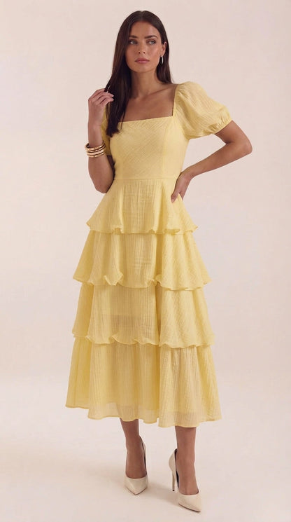 Adeline Women's Square Neck Puff Sleeve Midi Dress