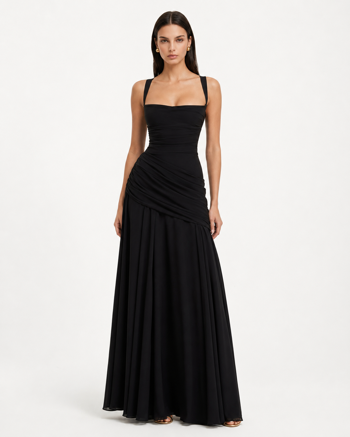 ENIE | Maxikleid mit Gerafftem Eckigem Ausschnitt