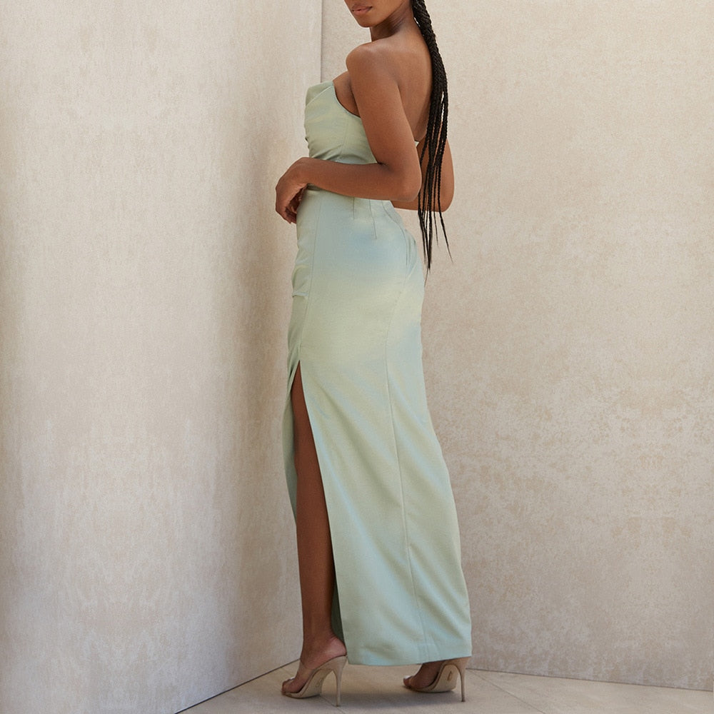 Maxi Dress – Green Strapless Satin