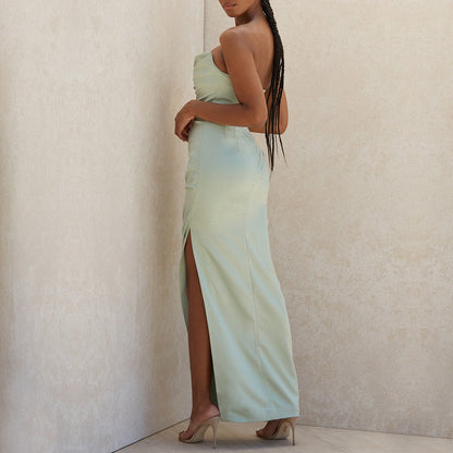 Maxi Dress – Green Strapless Satin