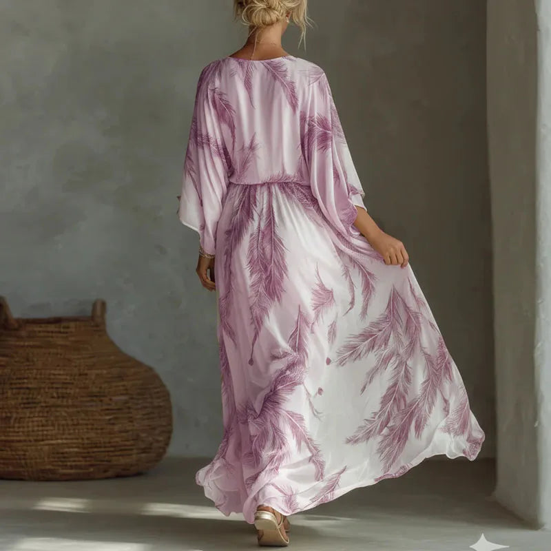 Summer V-Neck Maxi Dress for Women – Feather Print
