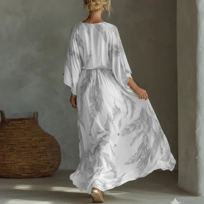Summer V-Neck Maxi Dress for Women – Feather Print