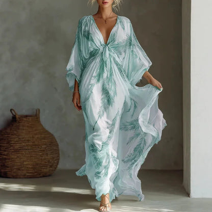 Summer V-Neck Maxi Dress for Women – Feather Print