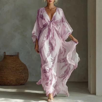 Summer V-Neck Maxi Dress for Women – Feather Print