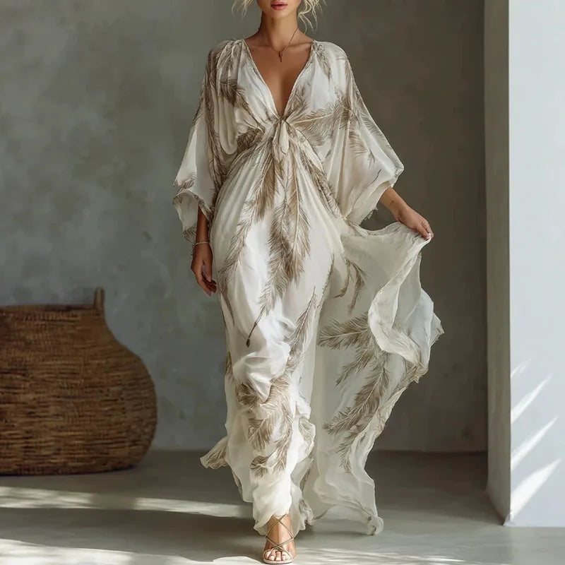 Summer V-Neck Maxi Dress for Women – Feather Print
