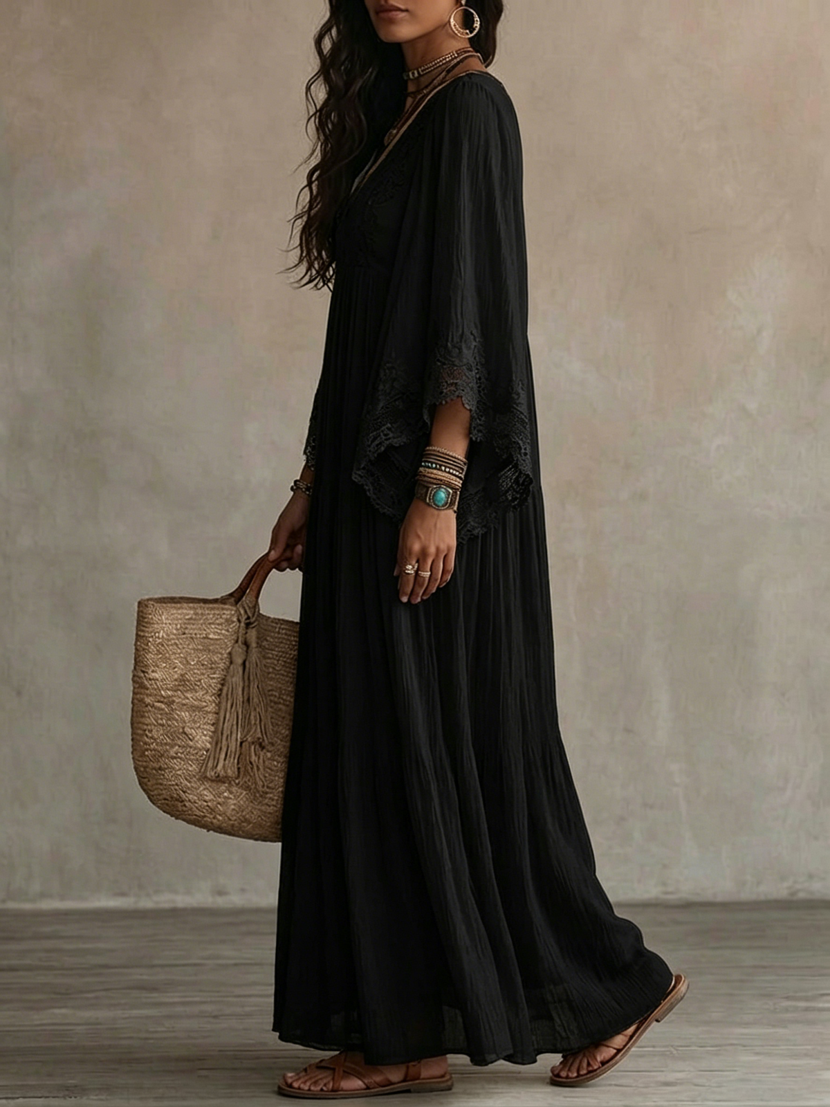 Celeste | Long Chiffon Dress with Batwing Sleeves and Lace