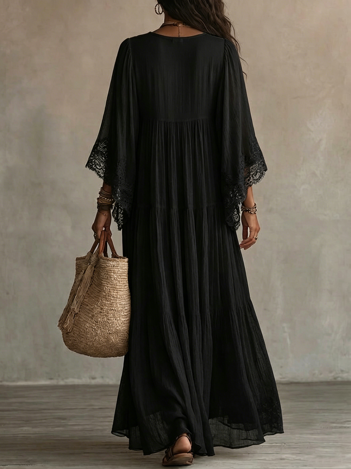 Celeste | Long Chiffon Dress with Batwing Sleeves and Lace