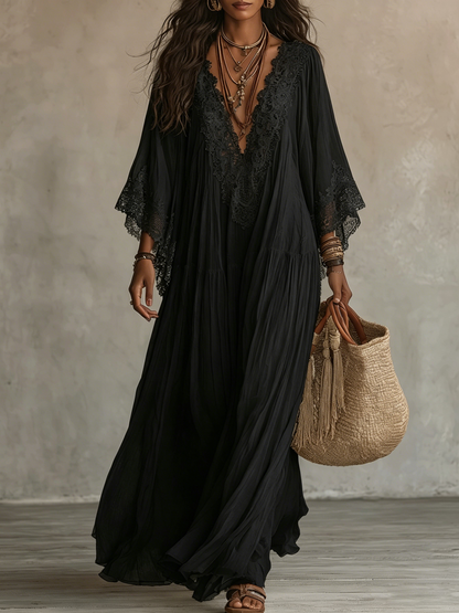 Celeste | Long Chiffon Dress with Batwing Sleeves and Lace