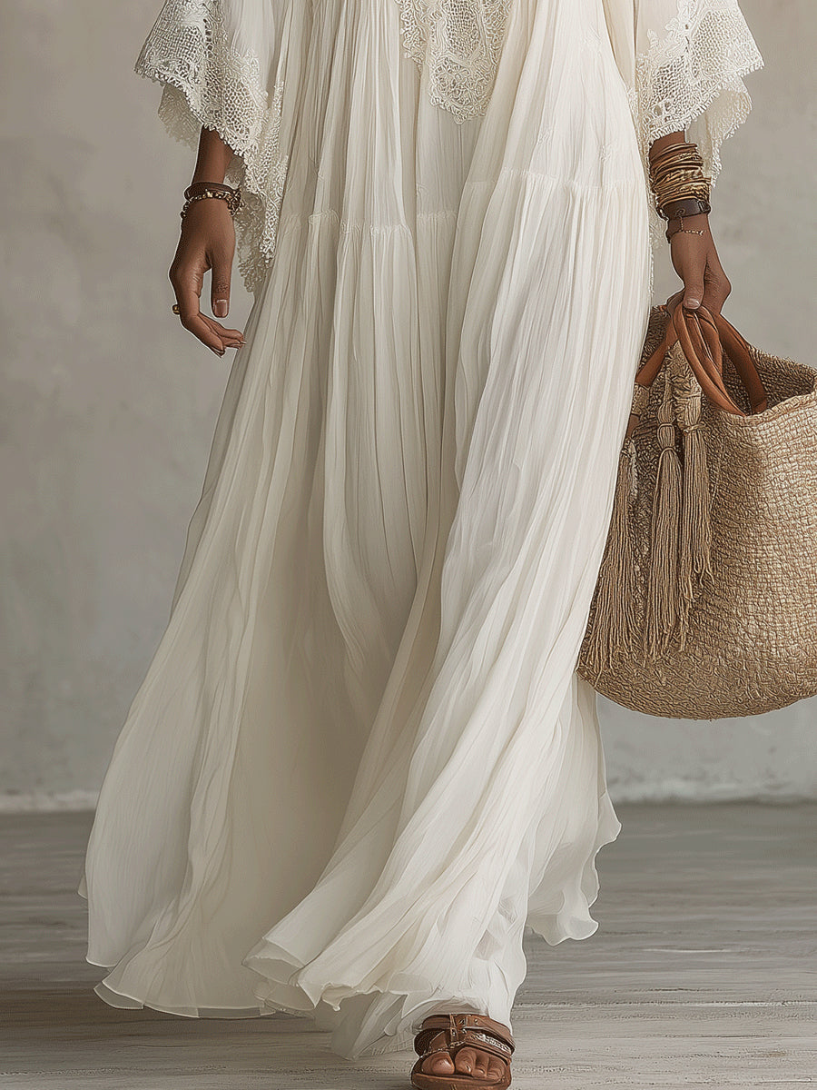 Celeste | Long Chiffon Dress with Batwing Sleeves and Lace