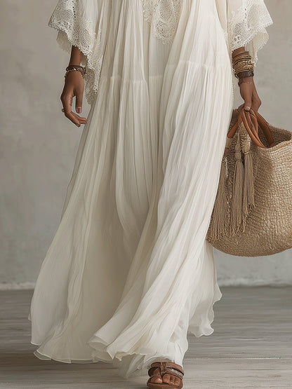 Celeste | Long Chiffon Dress with Batwing Sleeves and Lace