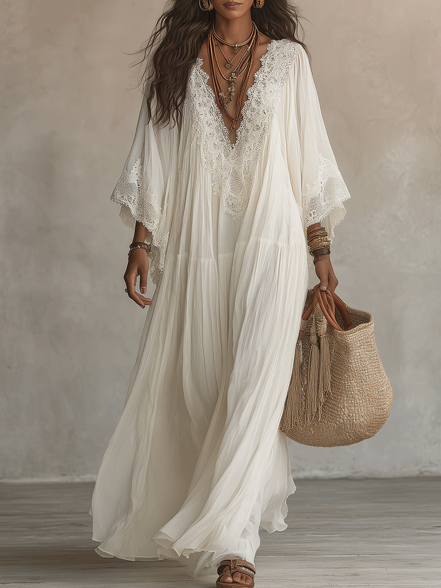 Celeste | Long Chiffon Dress with Batwing Sleeves and Lace