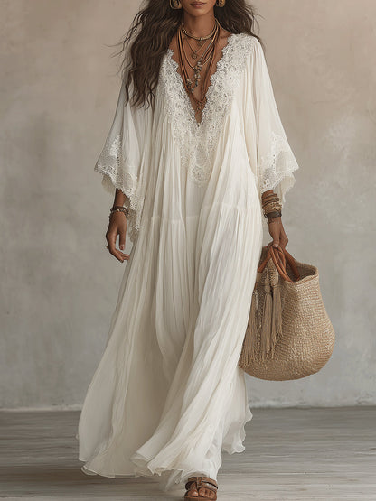 Celeste | Long Chiffon Dress with Batwing Sleeves and Lace