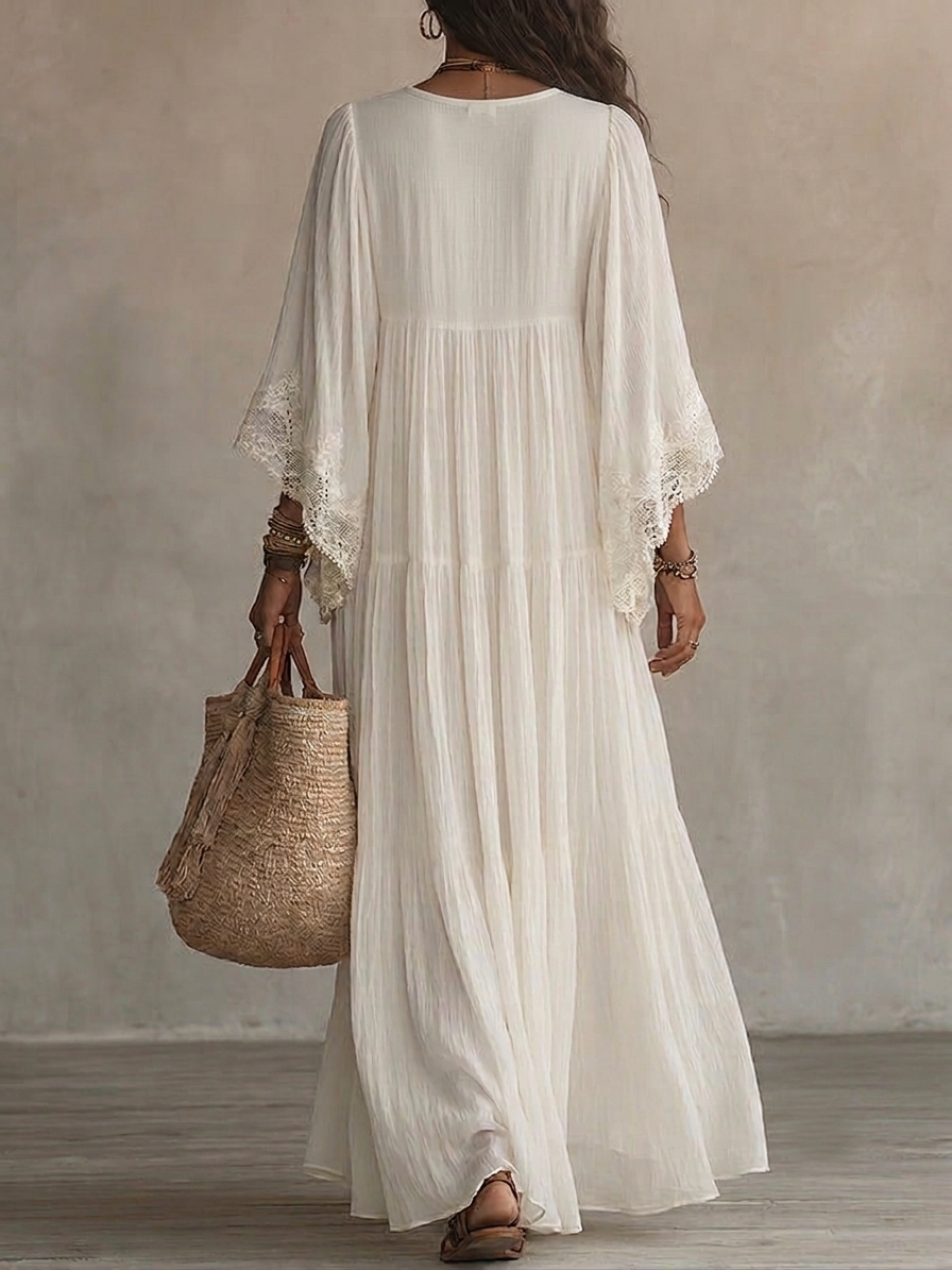 Celeste | Long Chiffon Dress with Batwing Sleeves and Lace