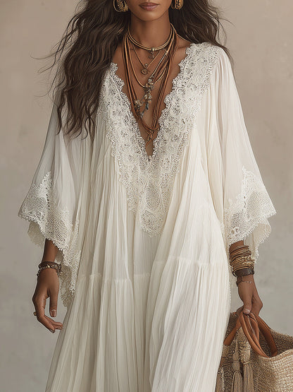 Celeste | Long Chiffon Dress with Batwing Sleeves and Lace