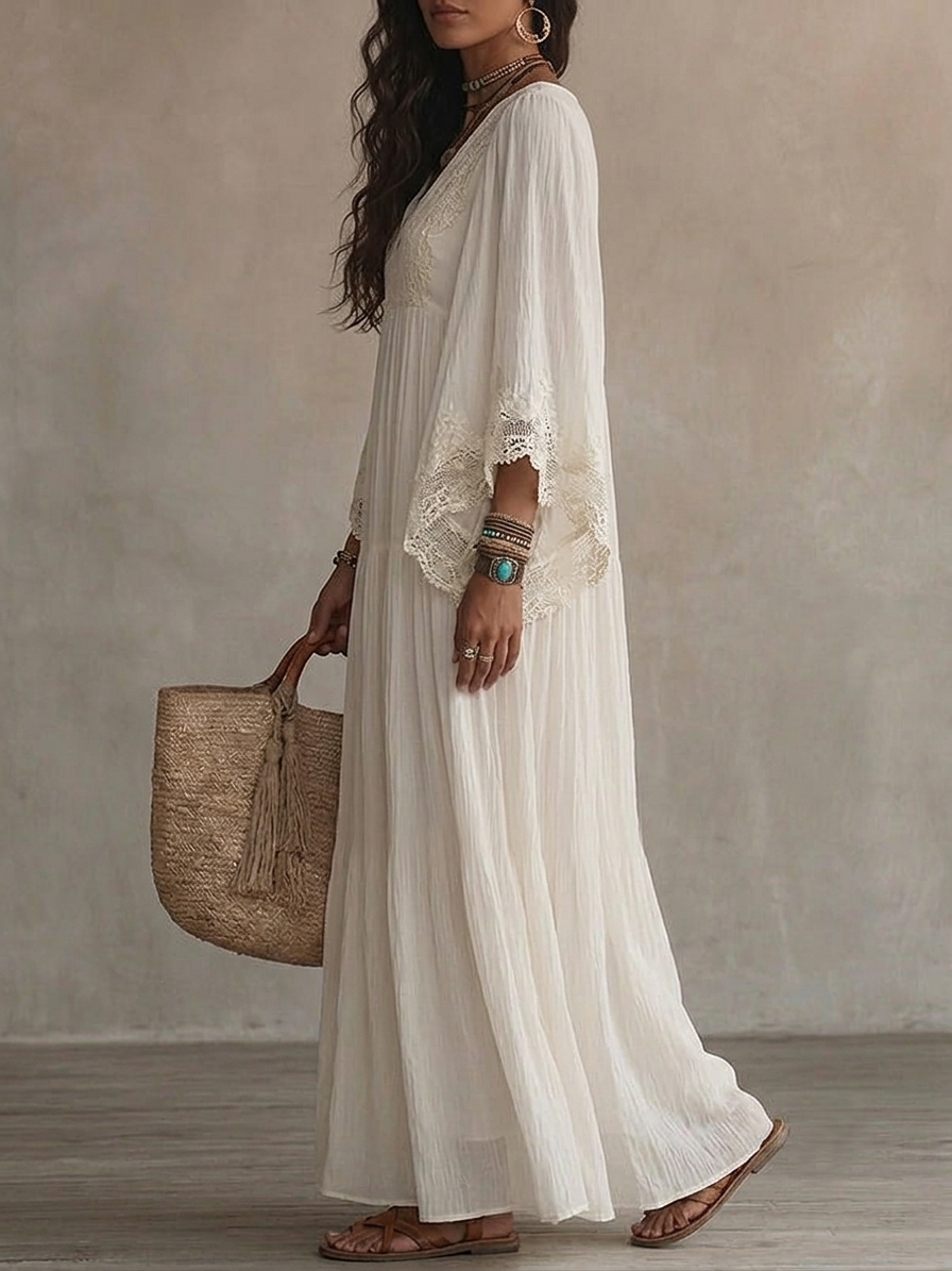 Celeste | Long Chiffon Dress with Batwing Sleeves and Lace