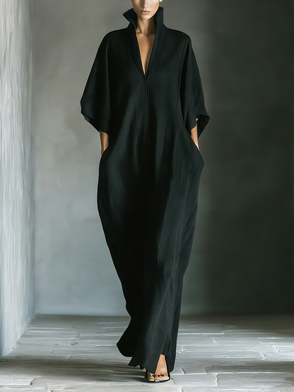 Costanza | Maxi black dress with kimono sleeves and V-neck