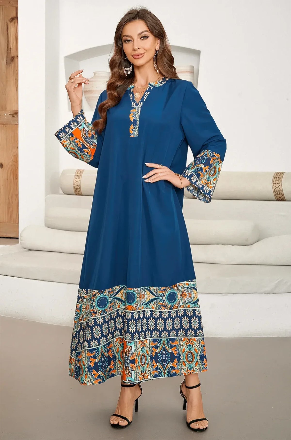 Blue Linen Maxi Dress Kaftan for Women