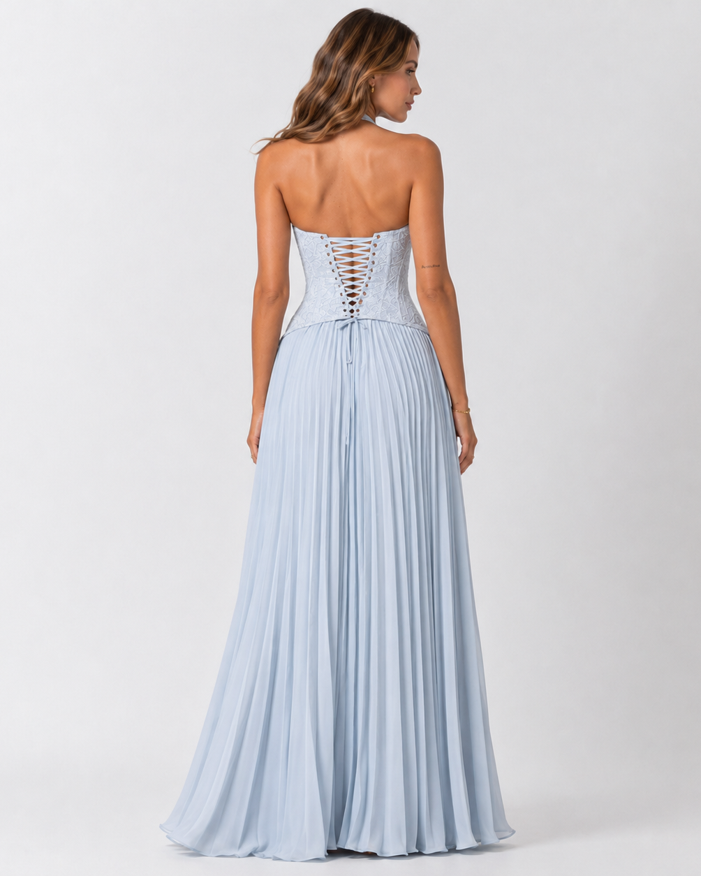 Blue Floral Lace Corset Maxi Dress
