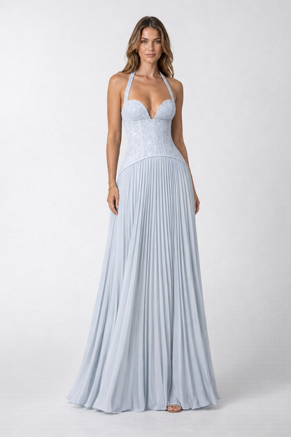 Floral Lace Corset Maxi Dress — Sky Blue