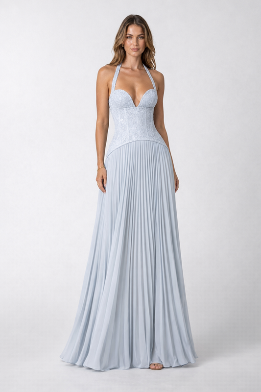 Floral Lace Corset Maxi Dress — Sky Blue