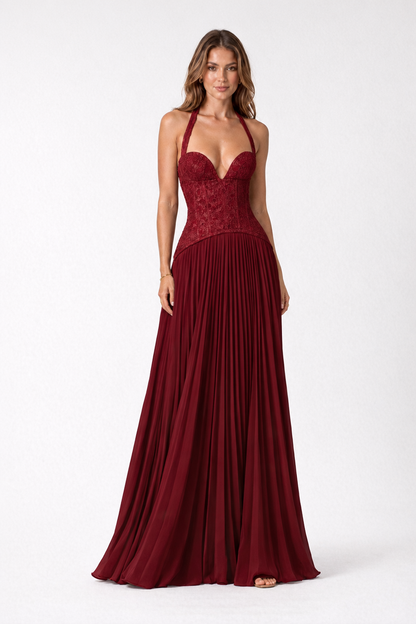 Floral Lace Corset Maxi Dress — Burgundy