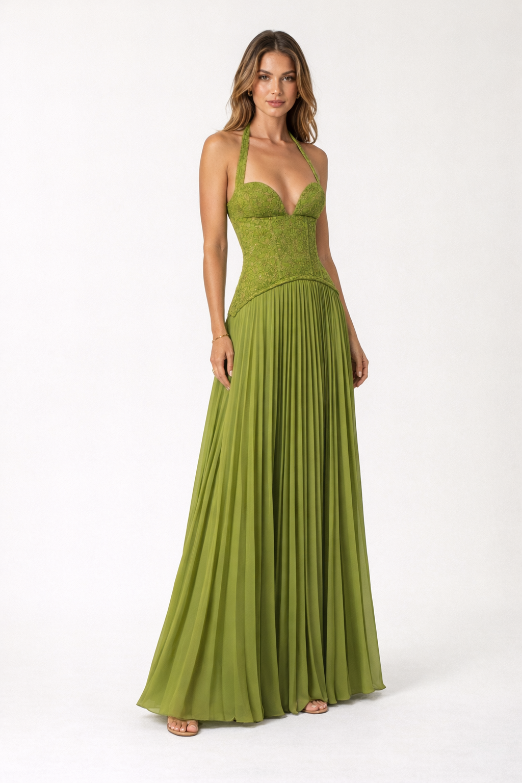 Floral Lace Corset Maxi Dress — Olive