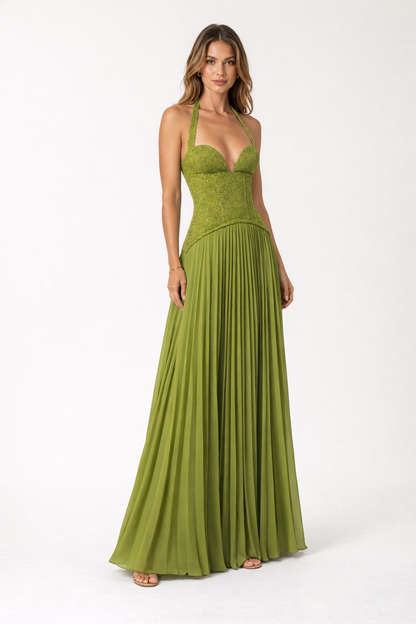 Floral Lace Corset Maxi Dress — Olive