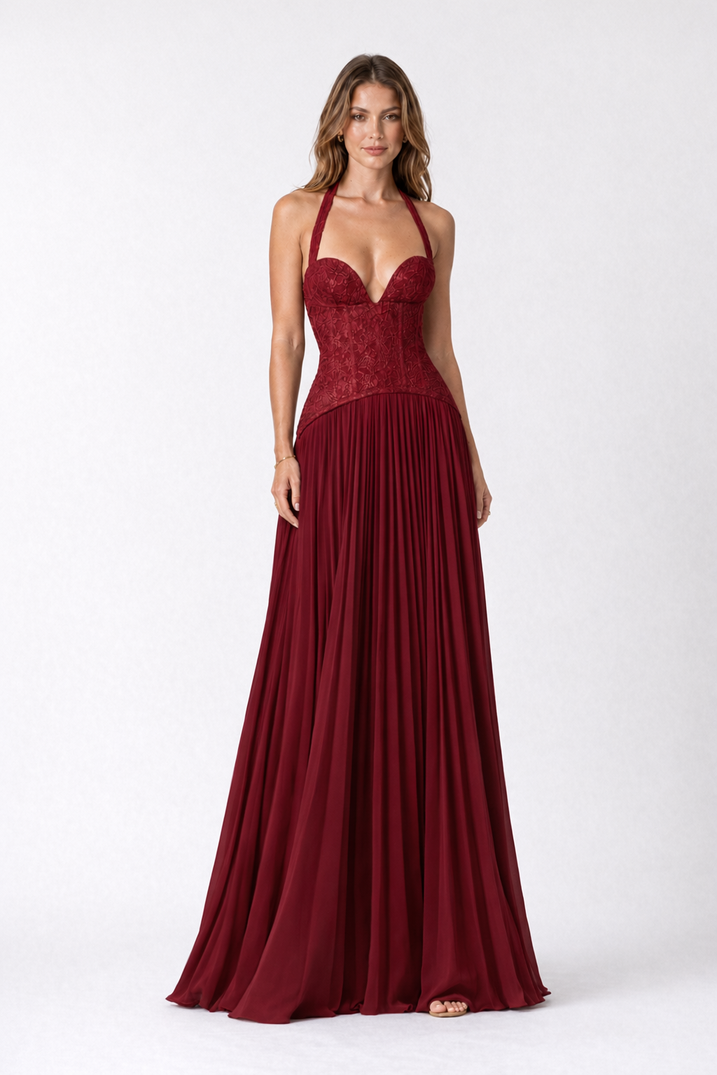 Blue Floral Lace Corset Maxi Dress — Burgundy