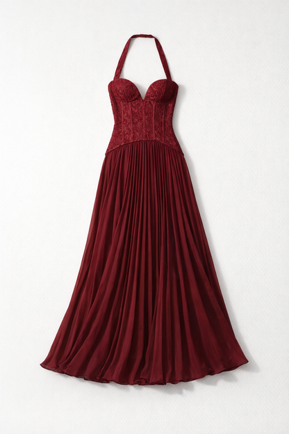 Blue Floral Lace Corset Maxi Dress — Burgundy