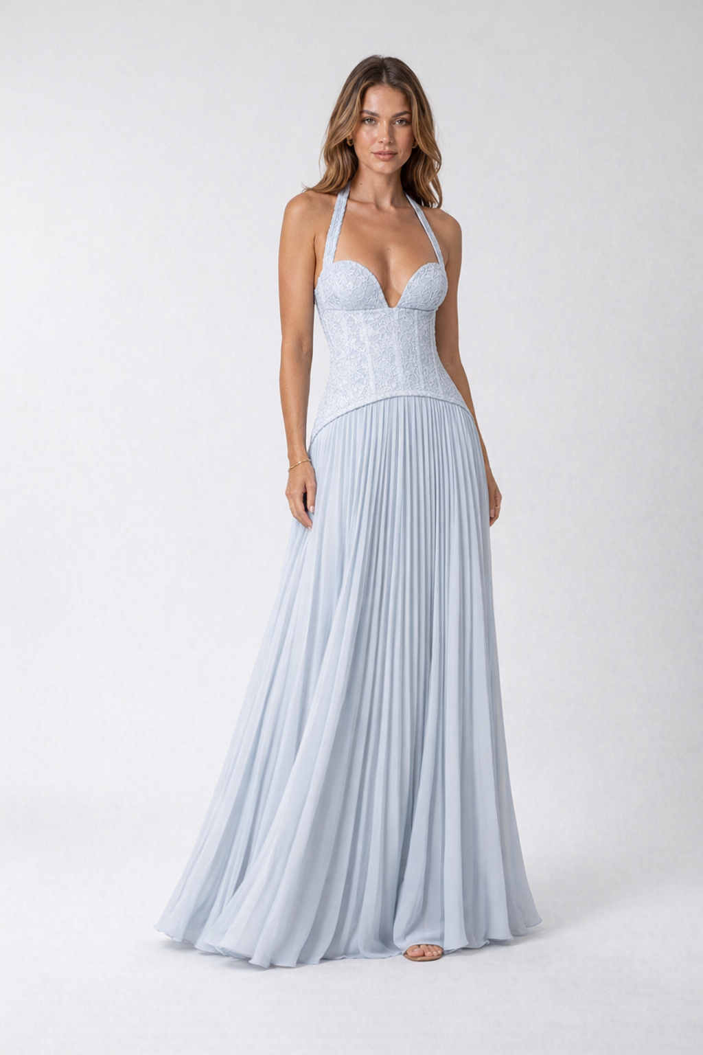 Blue Floral Lace Corset Maxi Dress — Sky Blue