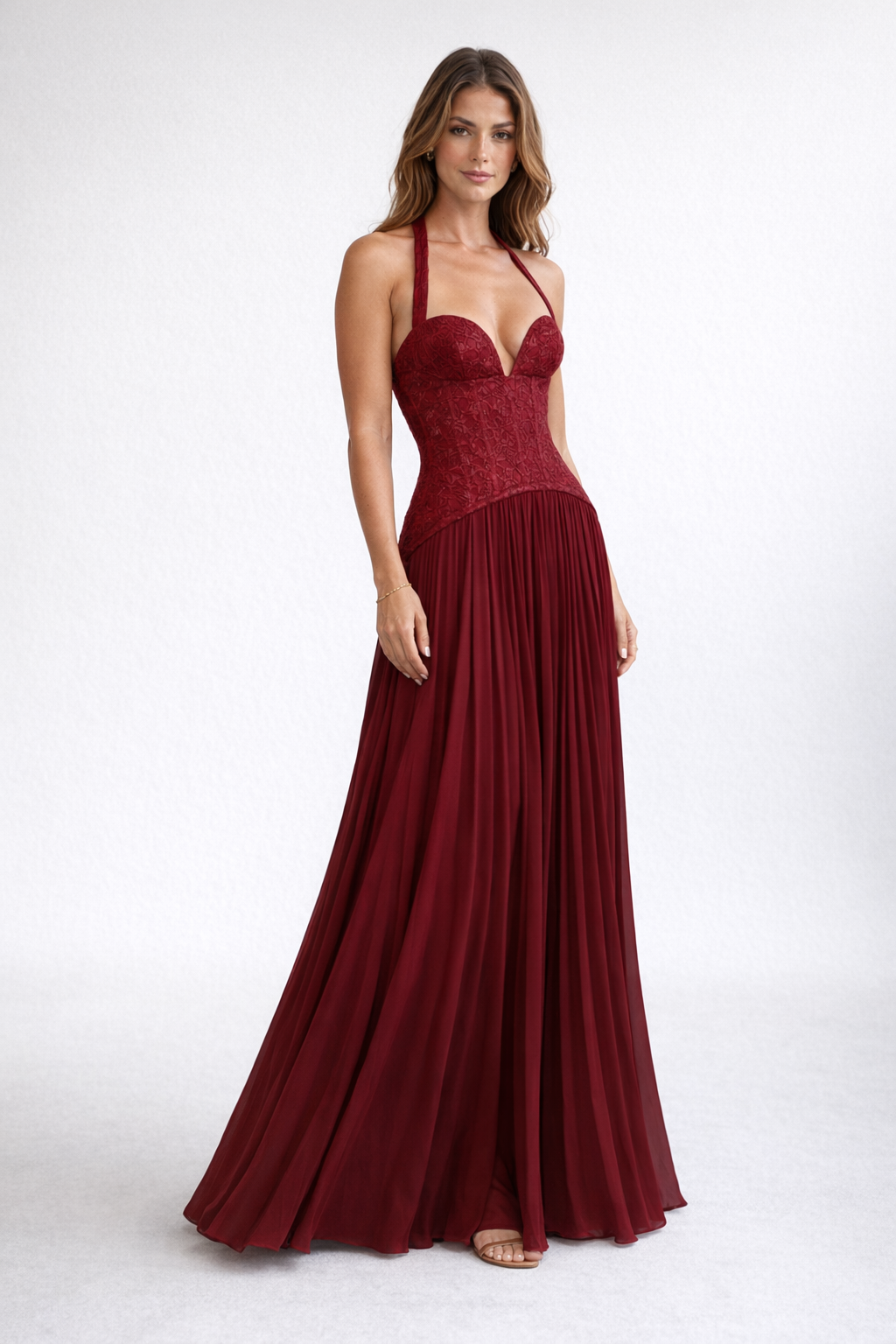 Blue Floral Lace Corset Maxi Dress — Burgundy